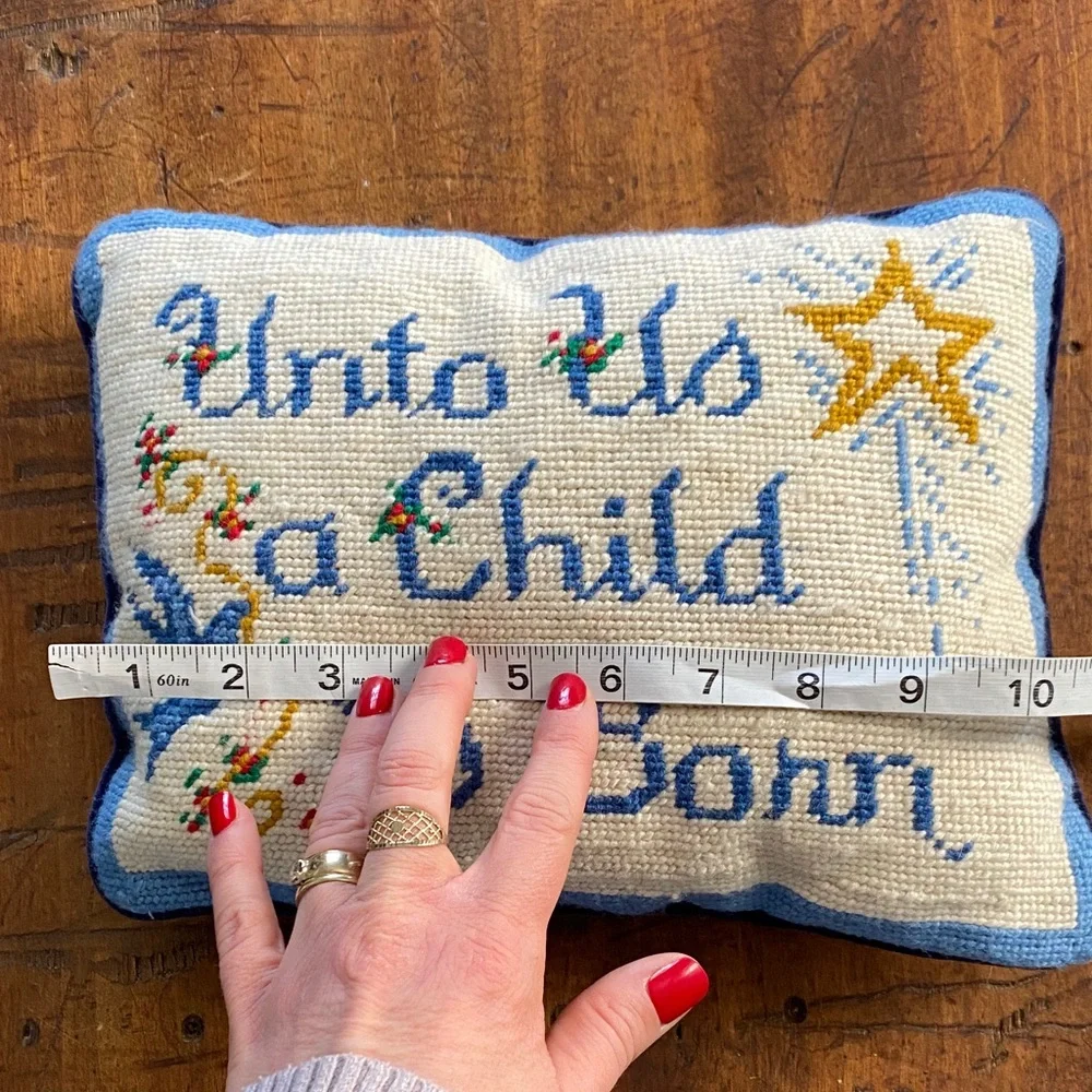 Unto Us a Child is Born Vintage Needlepoint Pillow with Blue and Gold Design